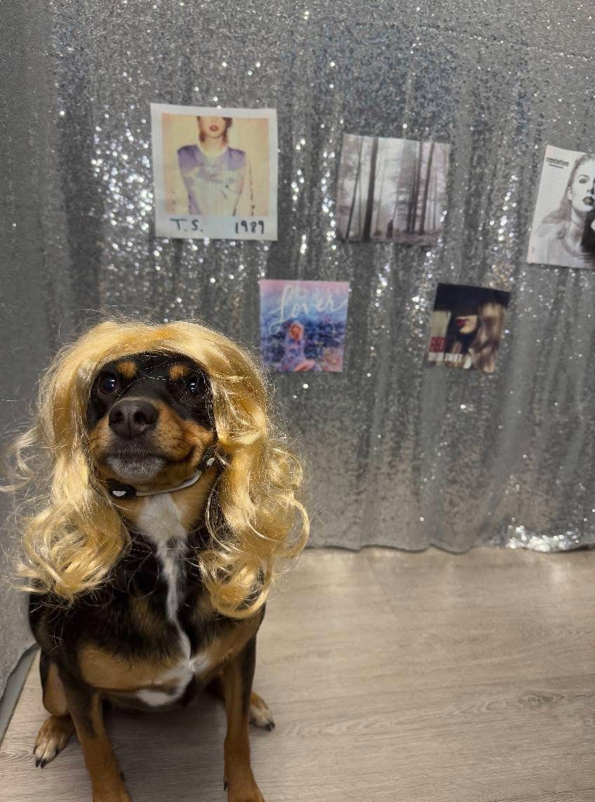 Kirby wearing a long blonde wig in front of Taylor Swift album posters.